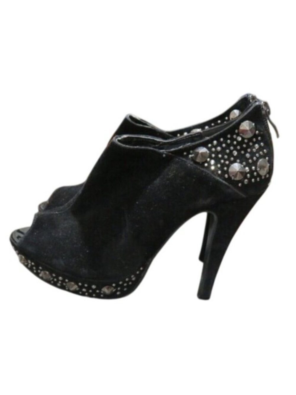 Italina Black Suede Embellished rhinestones studs Peep toe booties ankle boots